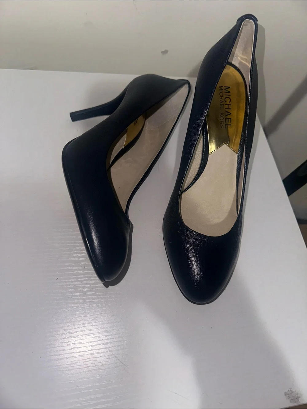 Michael Kors Navy Leather Pointed-Toe Pumps with Gold MK Accent